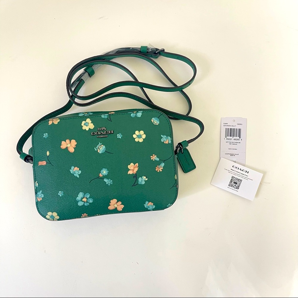 Coach Mini Camera Bag With Mystical Floral Print In Green & Gunmetal New Reemoly
